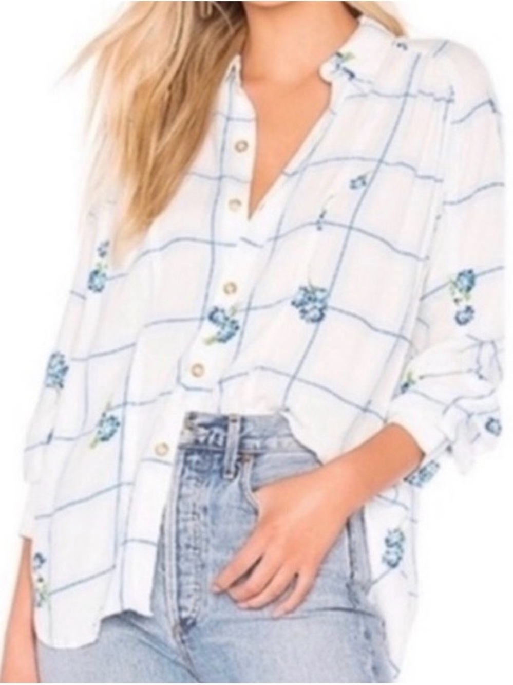 Free People White Button-Down Shirt with Blue Windowpane and Floral Embroidery